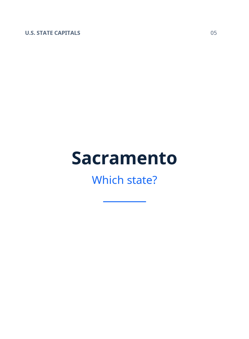 Actual capital-side card: Sacramento and Which state?, without the answer or extra instructions.